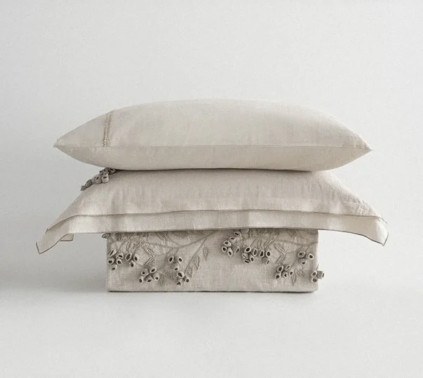 Ecocotton Masal tweepersoons dekbedovertrek Set 100% biologisch katoen linnen Handgeborduurd Beige 240x220 Cm