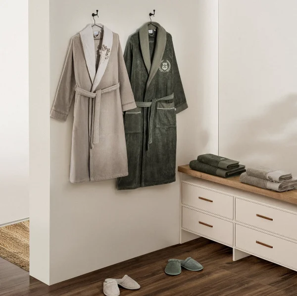 Masal Familiebadjassenset Biologisch Katoen – Beige/Groen – M/L