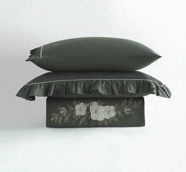 Ecocotton Vanya Dekbedovertrek set 100% Biologisch Katoen Satijn Applique Geborduurd Groen 240x220 Cm