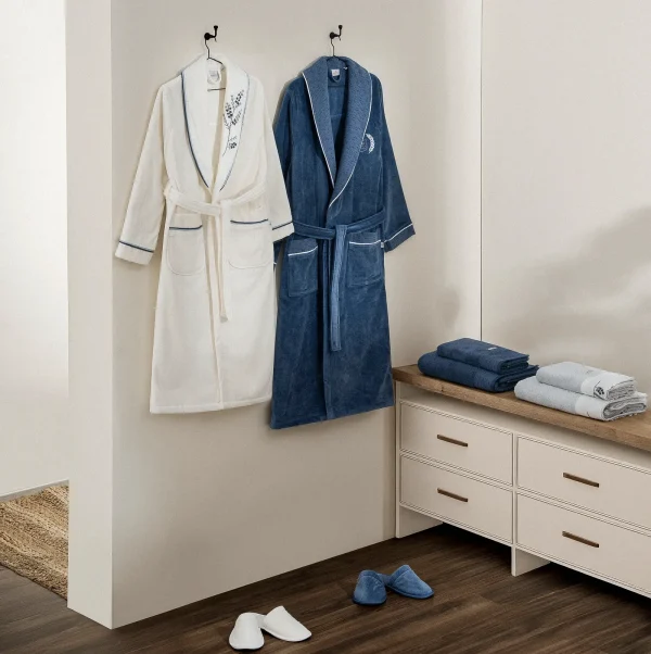 Ecocotton Derin Luxe Familiebadjassenset van Biologisch Katoen – Crème/Blauw – M/L