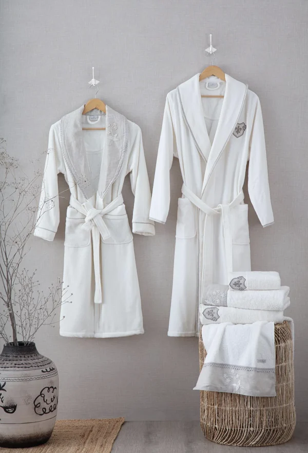 Ecocotton Ayliz Familie Badjas Set 100% Biologisch Katoen Geborduurd Crème/Crème - M/L