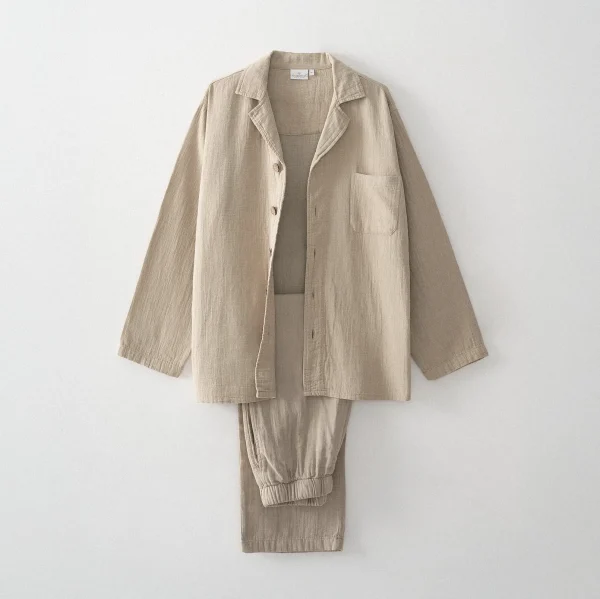 EcocottonMelsa Herenpyjamaset van Biologisch Katoen – Mousseline – Beige