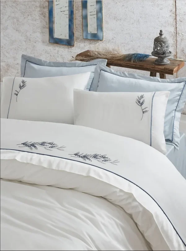Ecocotton Derin tweepersoons Dekbedovertrek Set 100% Biologisch Katoen Satijn Handgeborduurd Blauw 200X220 CM