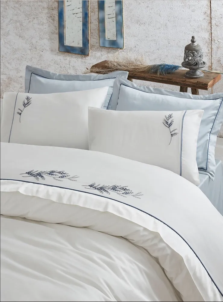 Ecocotton Derin tweepersoons Dekbedovertrek Set 100% Biologisch Katoen Satijn Handgeborduurd Blauw 200X220 CM