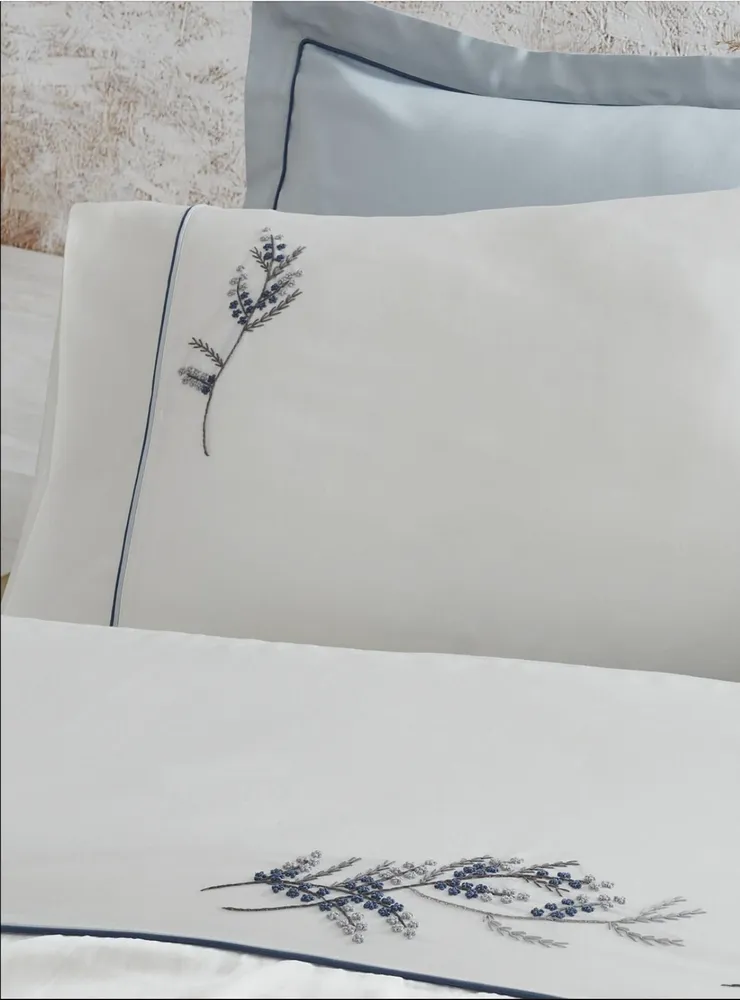 Ecocotton Derin tweepersoons Dekbedovertrek Set 100% Biologisch Katoen Satijn Handgeborduurd Blauw 200X220 CM - Afbeelding 3