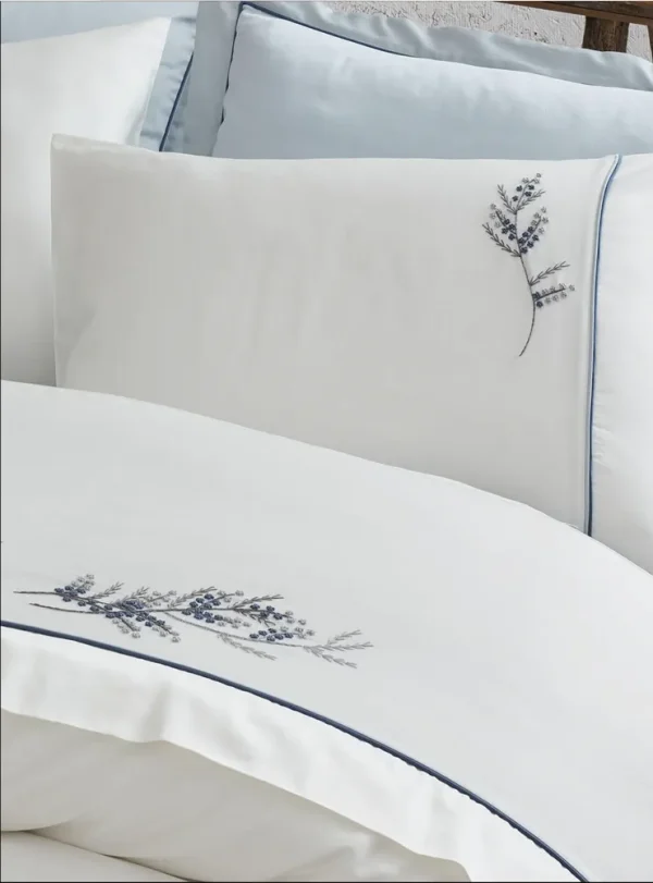 Ecocotton Derin tweepersoons Dekbedovertrek Set 100% Biologisch Katoen Satijn Handgeborduurd Blauw 200X220 CM
