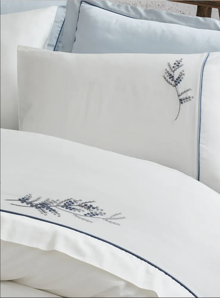 Ecocotton Derin tweepersoons Dekbedovertrek Set 100% Biologisch Katoen Satijn Handgeborduurd Blauw 200X220 CM