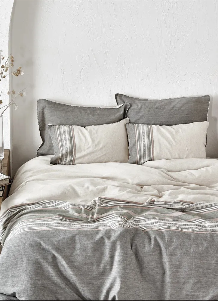 Ecocotton Dila Tweepersoons Dekbedovertrek Set 100% Biologisch Katoen Linnen Beige-Groen 200x220 Cm
