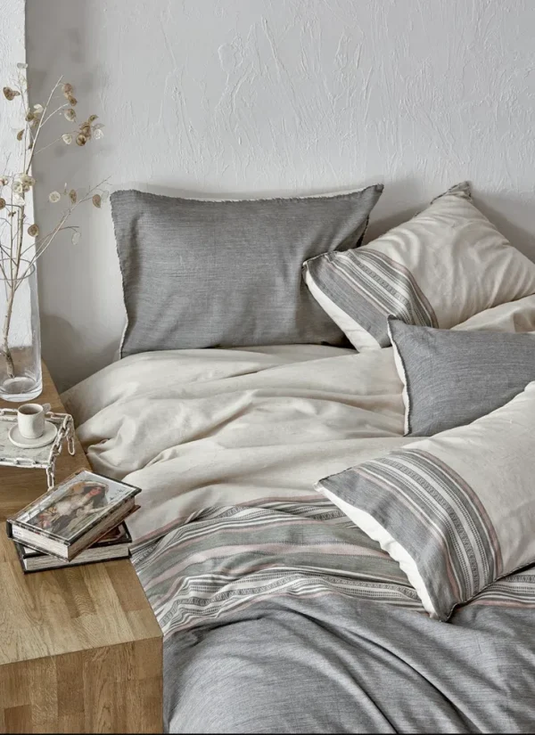 Ecocotton Dila Tweepersoons Dekbedovertrek Set 100% Biologisch Katoen Linnen Beige-Groen 200x220 Cm