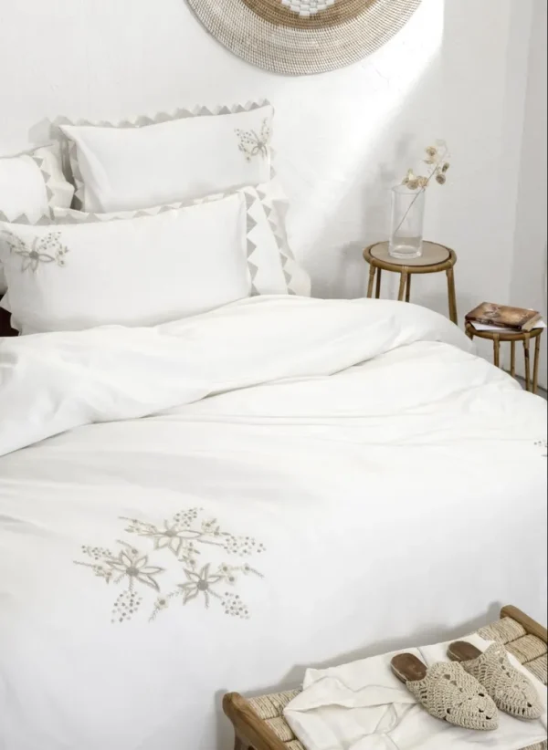 Ecocotton mona tweepersoons Dekbedovertrek set 100% biologisch katoen linnen handgeborduurd crème 200x220 CM