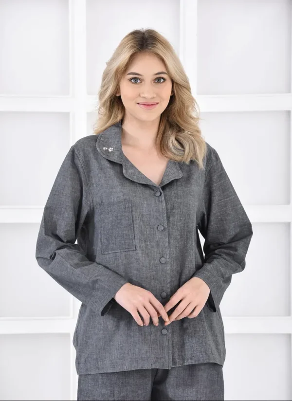 Ecocotton Helen Vrouwen Pyjama Set 100% Biologisch Katoen Linnen Mix Antraciet