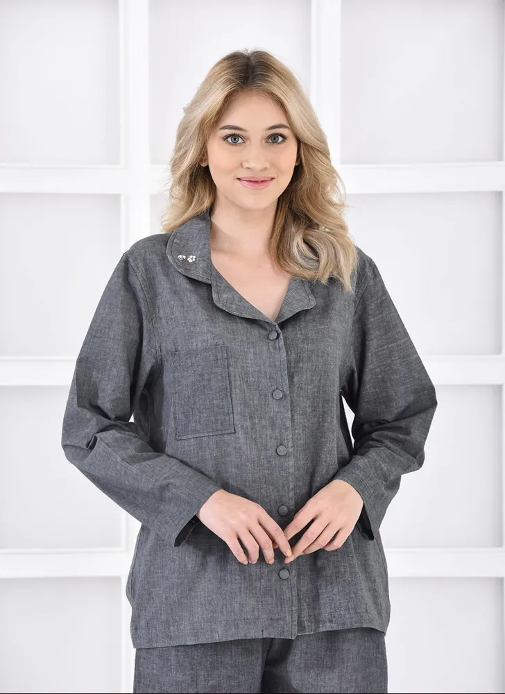 Ecocotton Helen Vrouwen Pyjama Set 100% Biologisch Katoen Linnen Mix Antraciet - Afbeelding 1