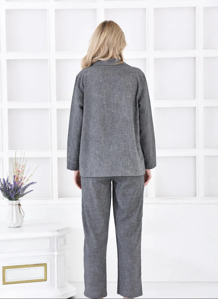 Ecocotton Helen Vrouwen Pyjama Set 100% Biologisch Katoen Linnen Mix Antraciet - Afbeelding 3