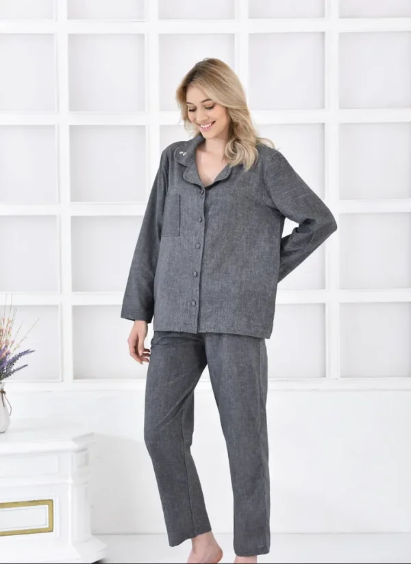Ecocotton Helen Vrouwen Pyjama Set 100% Biologisch Katoen Linnen Mix Antraciet