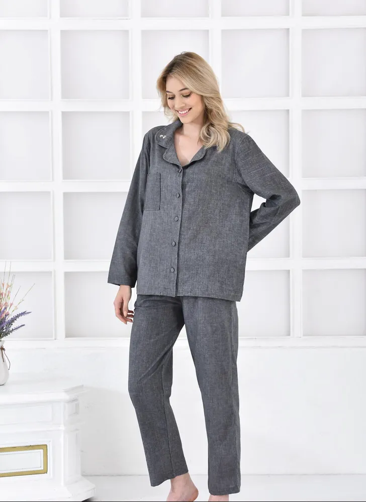 Ecocotton Helen Vrouwen Pyjama Set 100% Biologisch Katoen Linnen Mix Antraciet