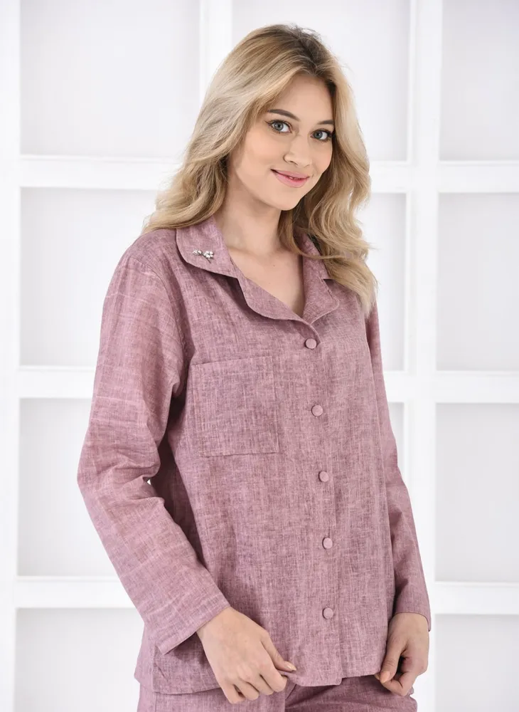 Ecocotton Helen Vrouwen Pyjama Set 100% Biologisch Katoen Linnen Mix Paars - Afbeelding 2