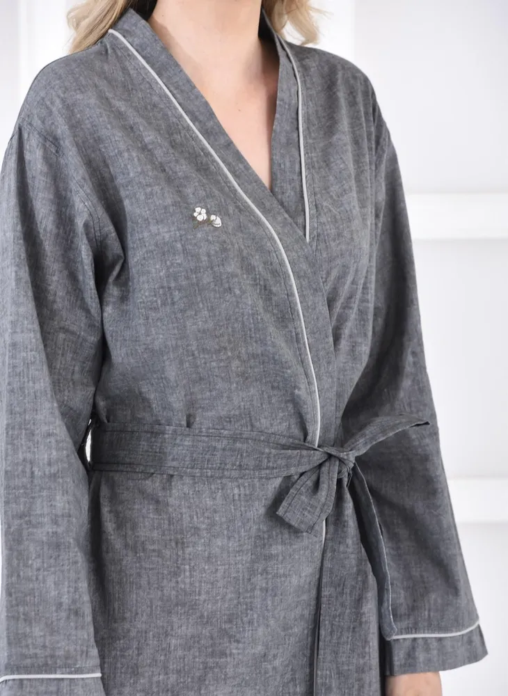 Ecocotton Helen ochtendkleed vrouwen 100% Biologisch Katoen Linnen Mix Antraciet - Afbeelding 1