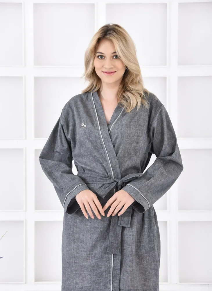 Ecocotton Helen ochtendkleed vrouwen 100% Biologisch Katoen Linnen Mix Antraciet