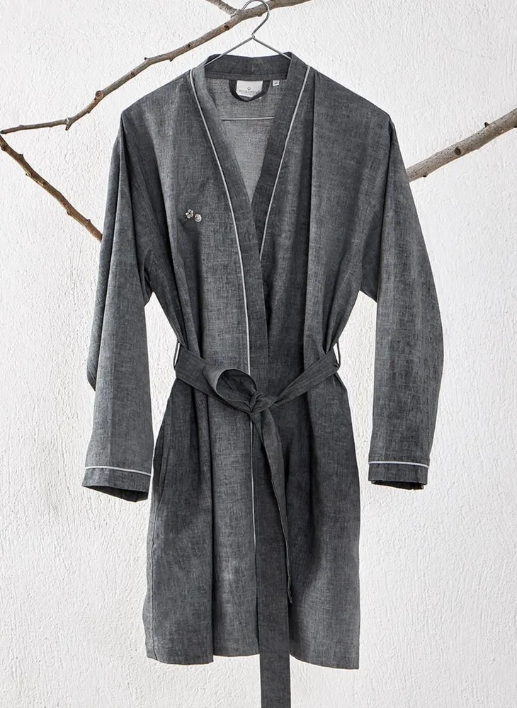 Ecocotton Helen ochtendkleed vrouwen 100% Biologisch Katoen Linnen Mix Antraciet - Afbeelding 4