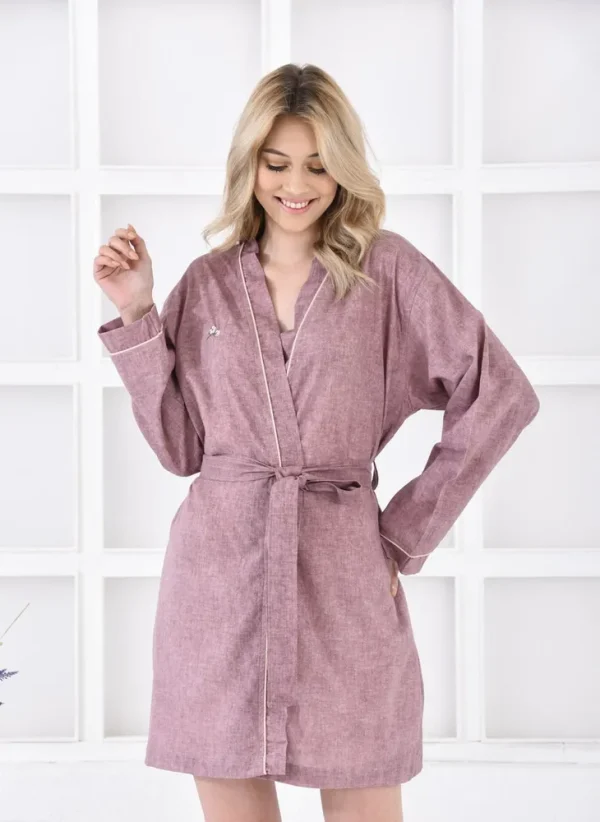 Ecocotton Helen ochtendkleed vrouwen 100% Biologisch Katoen Linnen Mix Paars