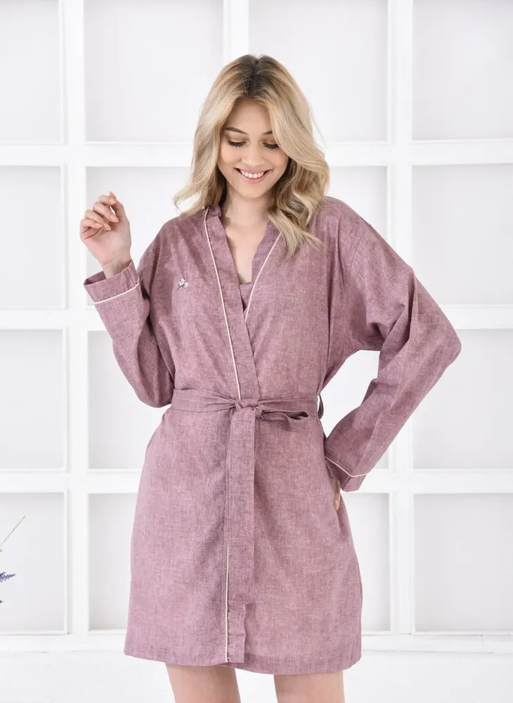 Ecocotton Helen ochtendkleed vrouwen 100% Biologisch Katoen Linnen Mix Paars