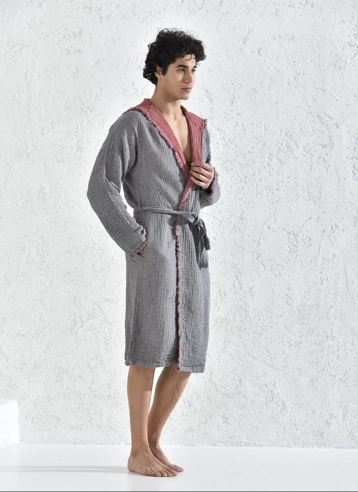 Ecocotton Muna Heren Badjas 100% Organisch Katoen Inject Bordeaux-Anthraciet - Afbeelding 4