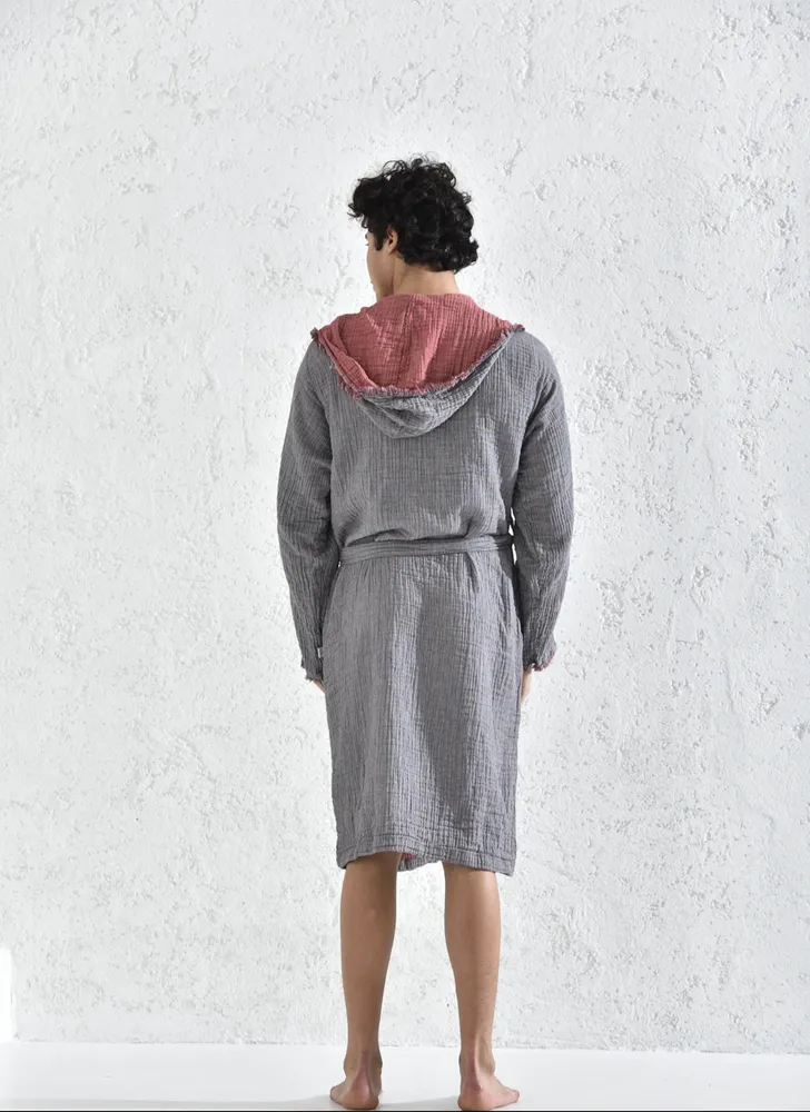 Ecocotton Muna Heren Badjas 100% Organisch Katoen Inject Bordeaux-Anthraciet - Afbeelding 5