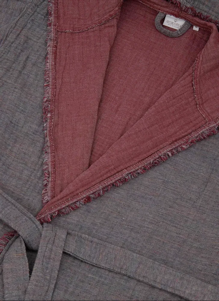 Ecocotton Muna Heren Badjas 100% Organisch Katoen Inject Bordeaux-Anthraciet - Afbeelding 2