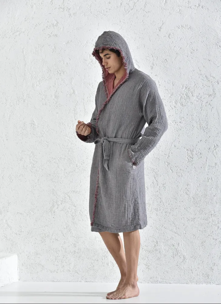 Ecocotton Muna Heren Badjas 100% Organisch Katoen Inject Bordeaux-Anthraciet - Afbeelding 6