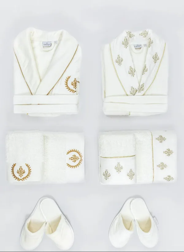 Ecocotton Aslışah Familie Badjas Set 100% Biologisch Katoen Geborduurd Crème/Crème - M/L