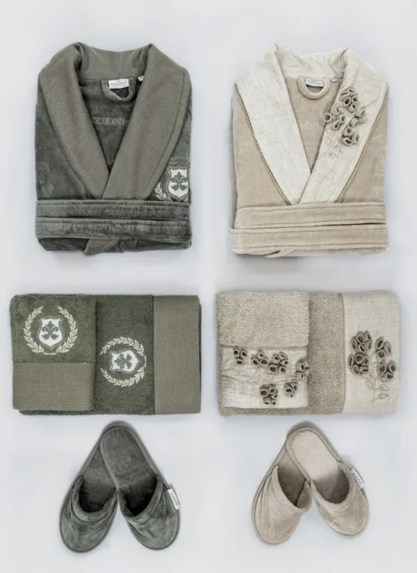 Ecocotton Masal Family Badjas Set 100% Biologisch Katoen Geborduurd Beia Ecocotton Miya Familie Badjas Set 10-Delig Crème-Anthraciet M/Lge / Groen - M / L