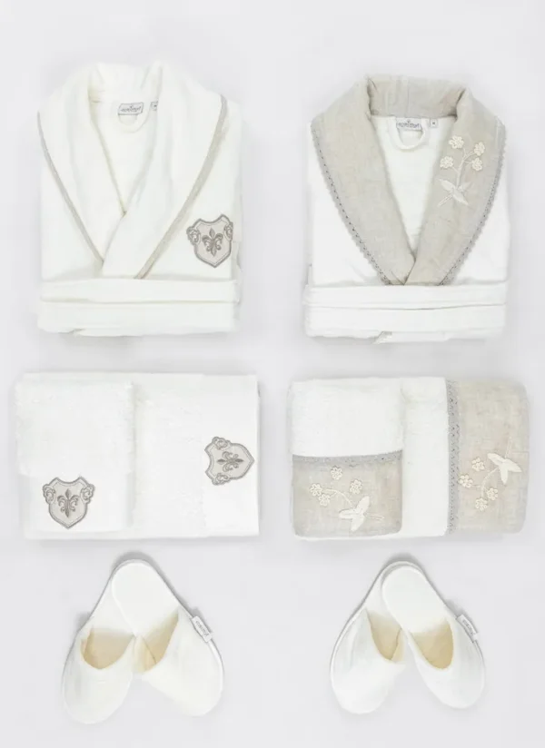 Ecocotton Ayliz Familie Badjas Set 100% Biologisch Katoen Geborduurd Crème/Crème - M/L