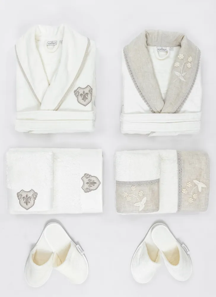 Ecocotton Ayliz Familie Badjas Set 100% Biologisch Katoen Geborduurd Crème/Crème - M/L