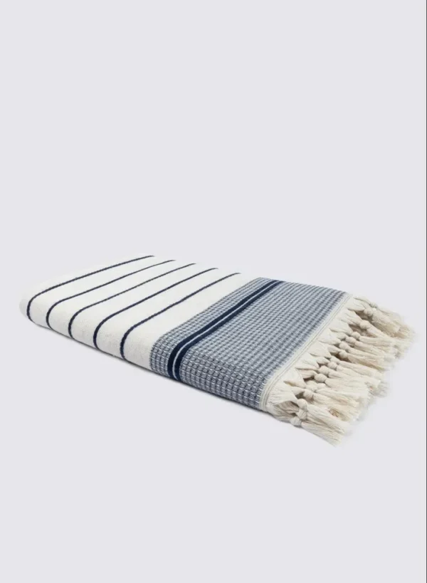 Ecocotton Arden Badlaken 100% Biologisch Gemengd Hennep Katoen Navy Blauw-Beige 80x150 Cm