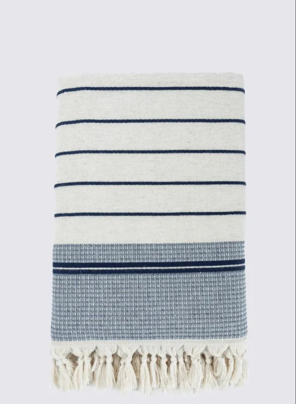 Ecocotton Arden Badlaken 100% Biologisch Gemengd Hennep Katoen Navy Blauw-Beige 80x150 Cm