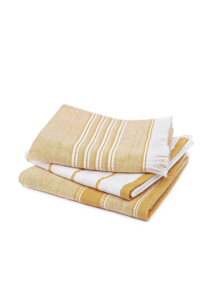 Ecocotton Elis 3-Delige Droogdoek 100% Biologisch Katoen Garengeverfd Speciaal Geweven Geel-Crème 40X60 Cm