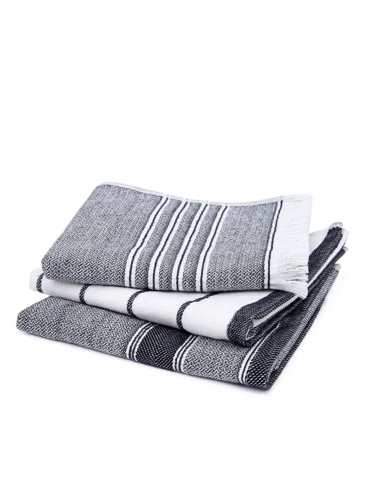 Ecocotton Elis 3-Delige droogdoek 100% Biologisch Katoen Garengeverfd Speciaal Geweven Zwart-Crème 40X60 Cm