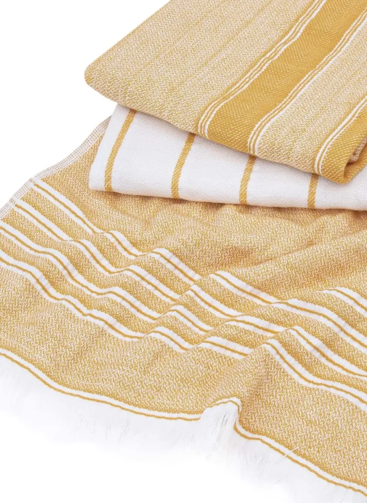 Ecocotton Elis 3-Delige Droogdoek 100% Biologisch Katoen Garengeverfd Speciaal Geweven Geel-Crème 40X60 Cm - Afbeelding 2