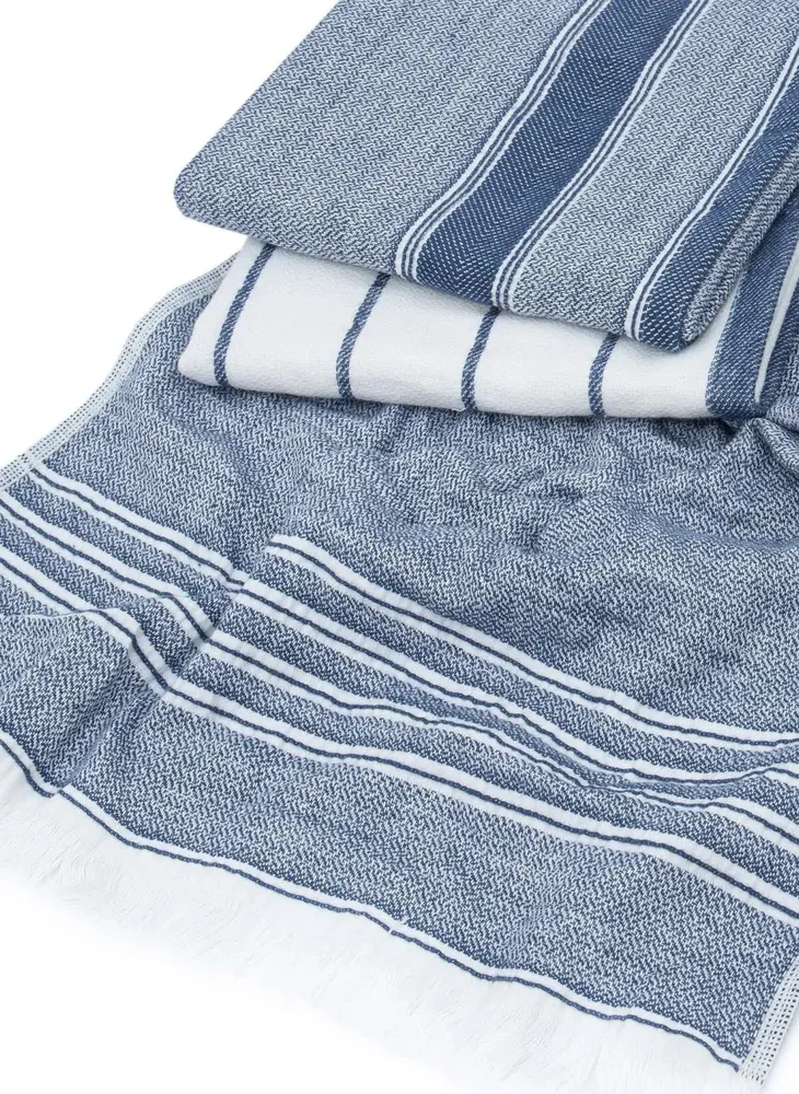 Ecocotton Elis 3-Delige Droogdoek 100% Biologisch Katoen Garengeverfd Speciaal Geweven Blauw-Crème 40X60 Cm - Afbeelding 2