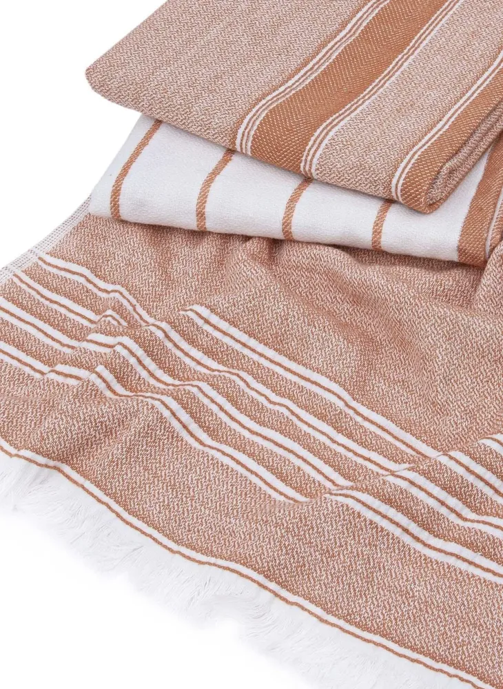 Ecocotton Elis 3-Delige Droogdoek 100% Biologisch Katoen Garengeverfd Speciaal Geweven Terra-Crème 40X60 Cm - Afbeelding 1