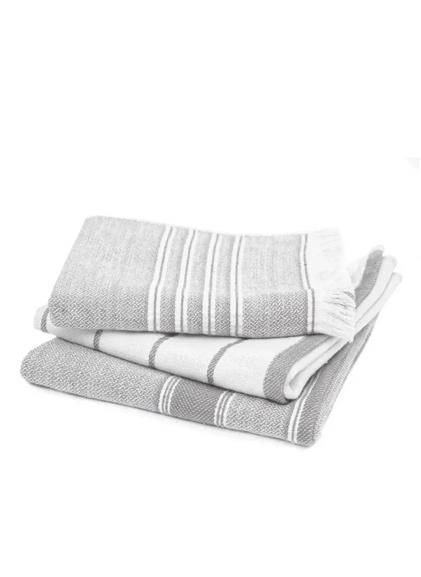 Ecocotton Elis 3-Delige Droogdoek 100% Biologisch Katoen Garengeverfd Speciaal Geweven Grijs-Crème 40X60 Cm