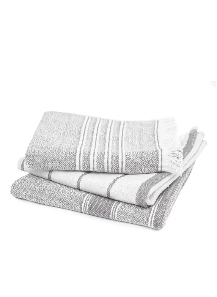 Ecocotton Elis 3-Delige Droogdoek 100% Biologisch Katoen Garengeverfd Speciaal Geweven Grijs-Crème 40X60 Cm