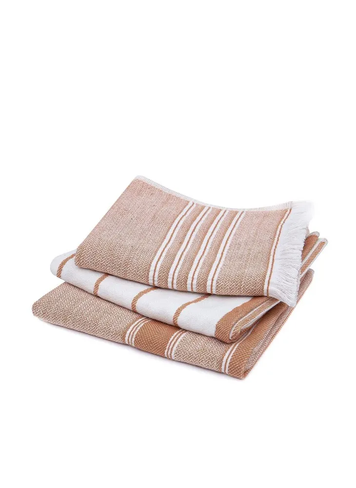 Ecocotton Elis 3-Delige Droogdoek 100% Biologisch Katoen Garengeverfd Speciaal Geweven Terra-Crème 40X60 Cm