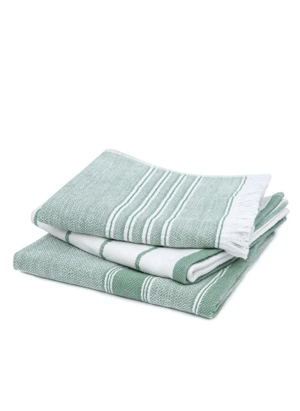 Ecocotton Elis 3-Delige Droogdoek 100% Organisch Katoen Garengeverfd Speciaal Geweven Groen-Crème 40X60 Cm