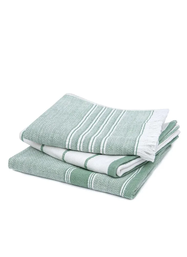 Ecocotton Elis 3-Delige Droogdoek 100% Organisch Katoen Garengeverfd Speciaal Geweven Groen-Crème 40X60 Cm