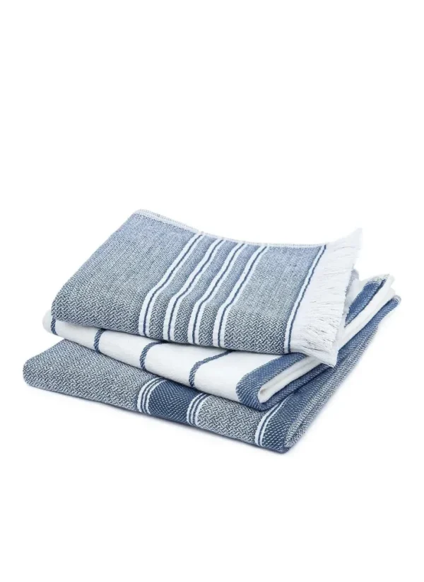 Ecocotton Elis 3-Delige Droogdoek 100% Biologisch Katoen Garengeverfd Speciaal Geweven Blauw-Crème 40X60 Cm