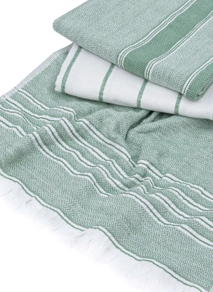 Ecocotton Elis 3-Delige Droogdoek 100% Organisch Katoen Garengeverfd Speciaal Geweven Groen-Crème 40X60 Cm - Afbeelding 2