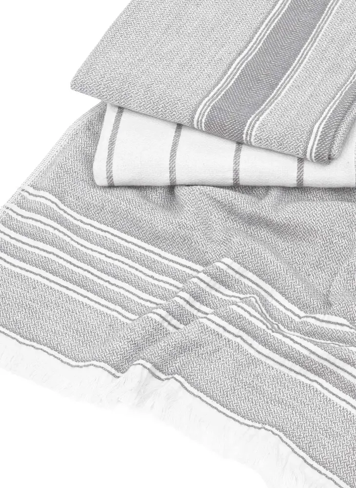 Ecocotton Elis 3-Delige Droogdoek 100% Biologisch Katoen Garengeverfd Speciaal Geweven Grijs-Crème 40X60 Cm - Afbeelding 2