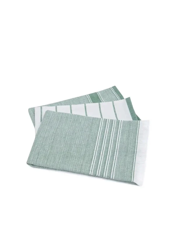 Ecocotton Elis 3-Delige Droogdoek 100% Organisch Katoen Garengeverfd Speciaal Geweven Groen-Crème 40X60 Cm