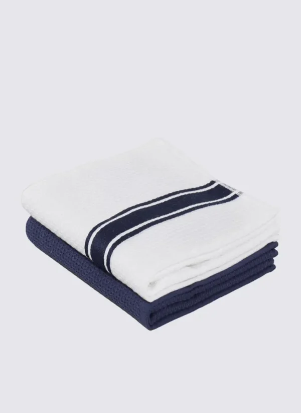 Ecocotton Elvin 2-Delige Droogdoek 100% Organisch Katoen Speciaal Geweven Marineblauw-Crème 40X60 Cm